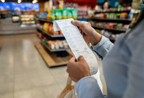 Un consommateur québécois regarde avec préoccupation les prix des légumes dans une allée d'épicerie en juillet 2025, illustrant l'impact de l'inflation.