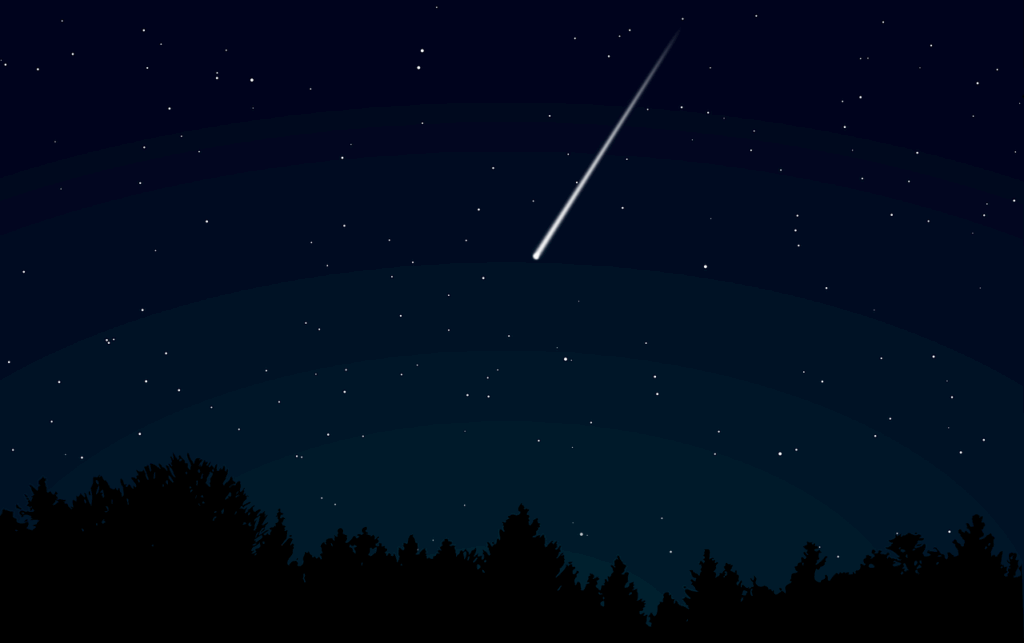 Une étoile filante brillante de la pluie de météores des Perséides traversant un ciel nocturne étoilé au-dessus d'une silhouette de forêt au Québec.