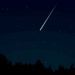 Une étoile filante brillante de la pluie de météores des Perséides traversant un ciel nocturne étoilé au-dessus d'une silhouette de forêt au Québec.