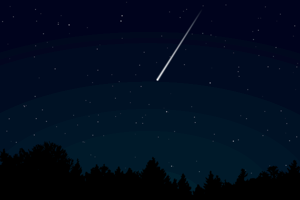 Une étoile filante brillante de la pluie de météores des Perséides traversant un ciel nocturne étoilé au-dessus d'une silhouette de forêt au Québec.