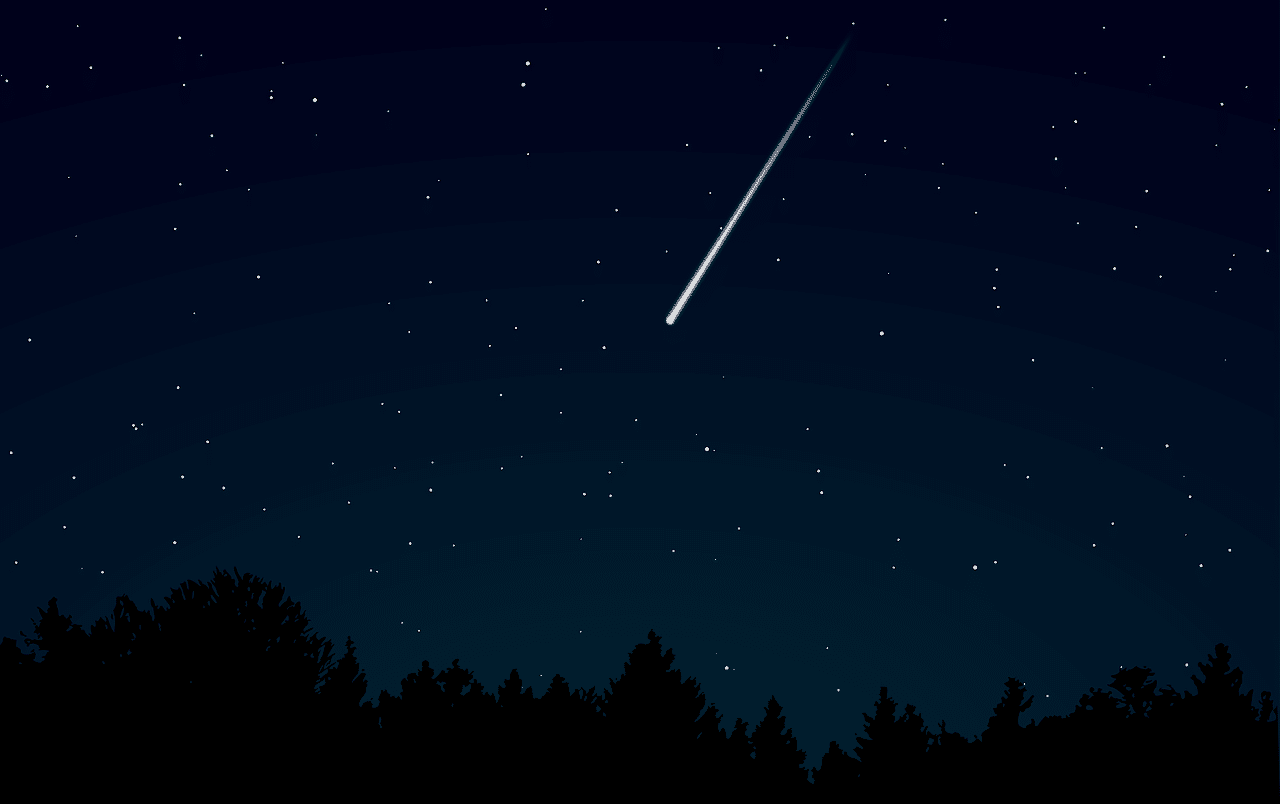 Une étoile filante brillante de la pluie de météores des Perséides traversant un ciel nocturne étoilé au-dessus d'une silhouette de forêt au Québec.